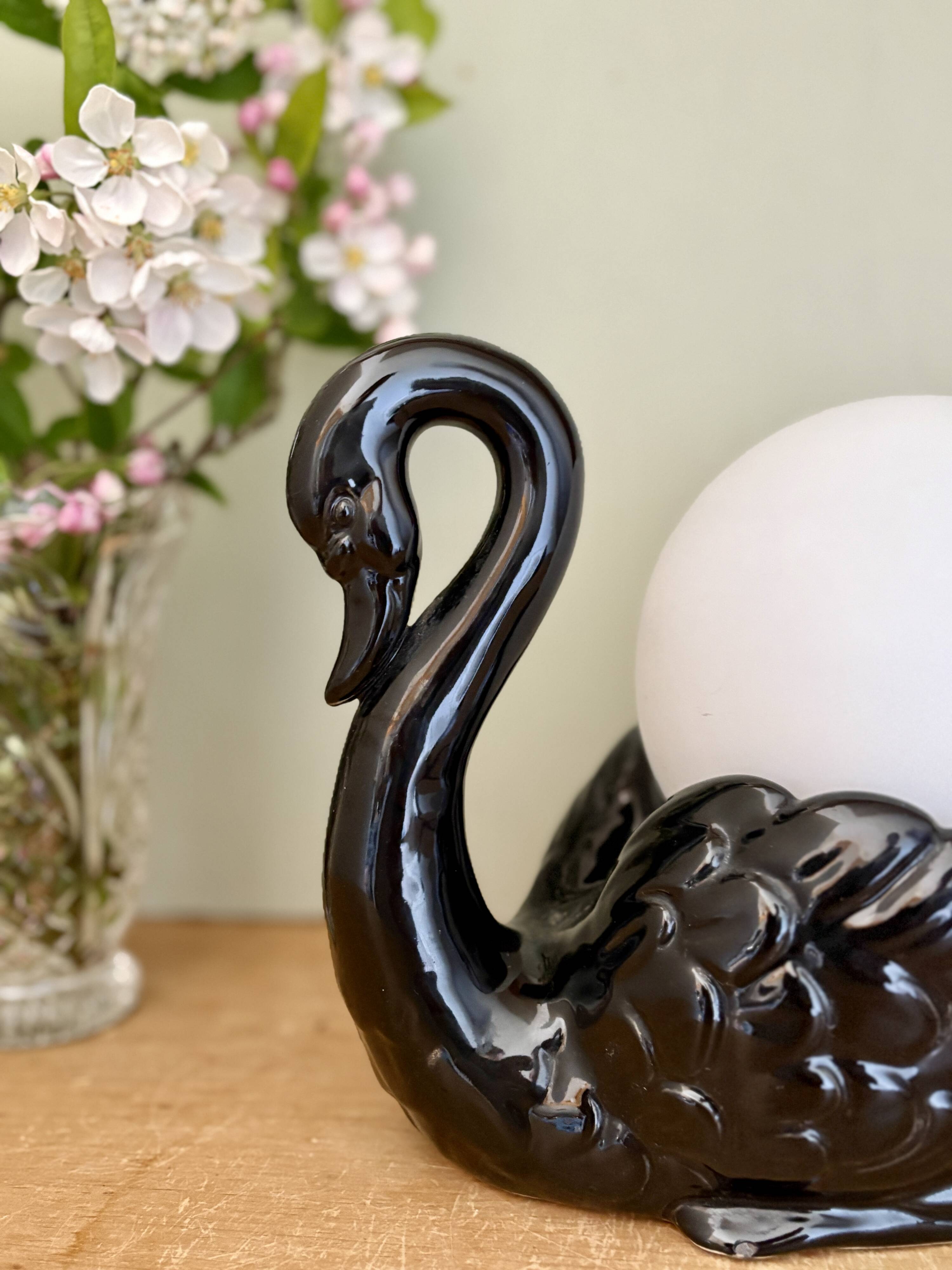 Vintage lamp, black ceramic swan and white opaline globe
