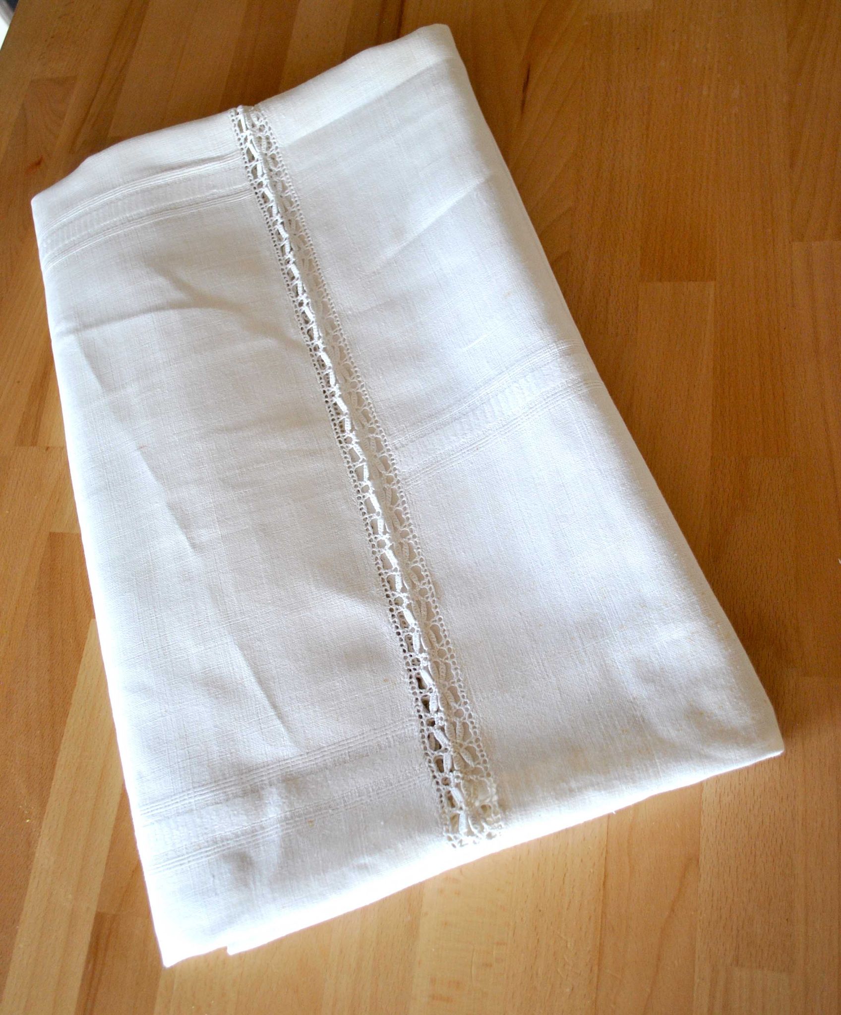Antique country tablecloth in white woven linen vintage