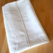 Antique country tablecloth in white woven linen vintage
