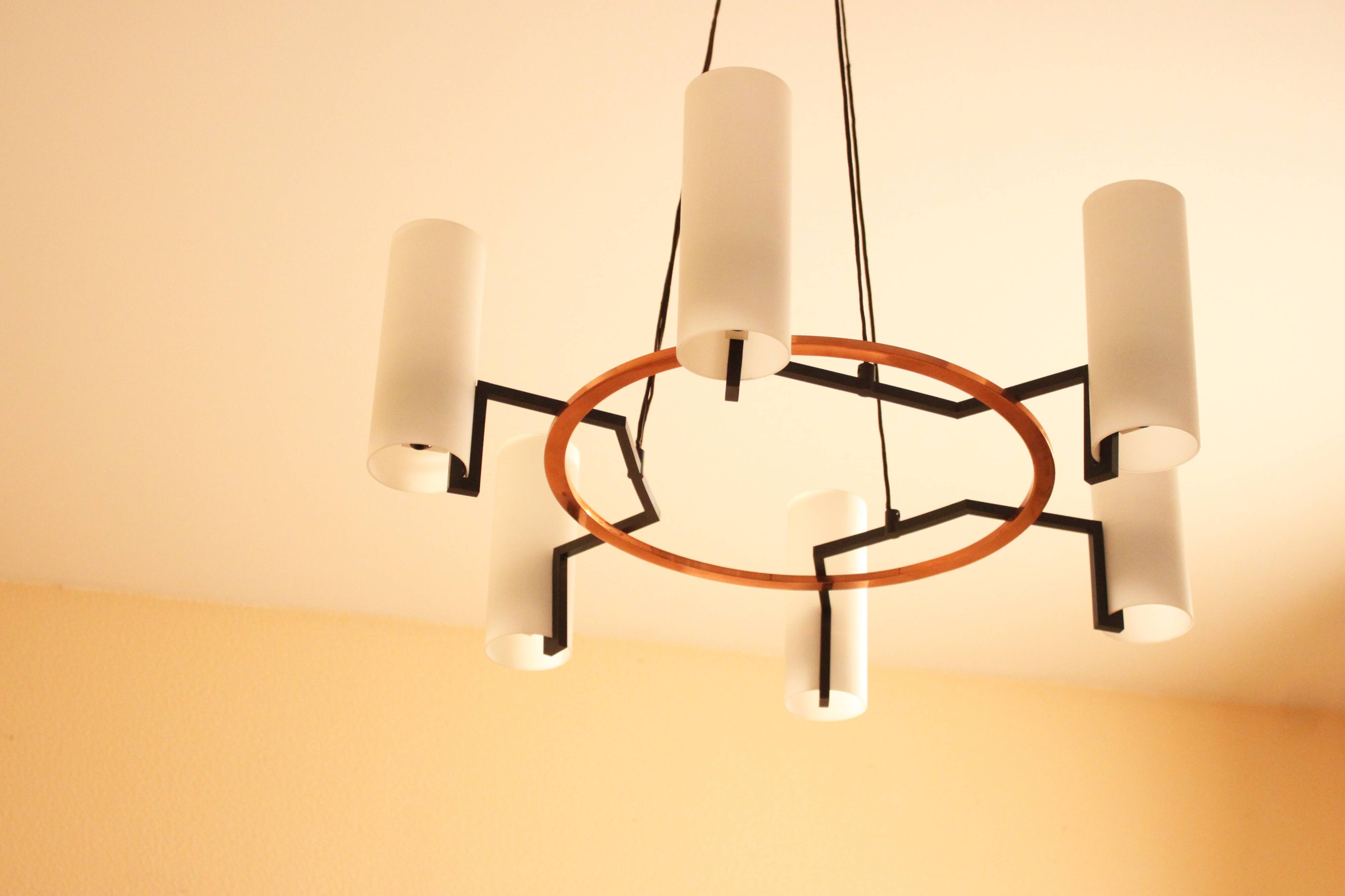 Modernist chandelier of the 60s, copper and opaline, cathedral