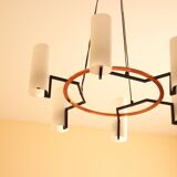 Modernist chandelier of the 60s, copper and opaline, cathedral