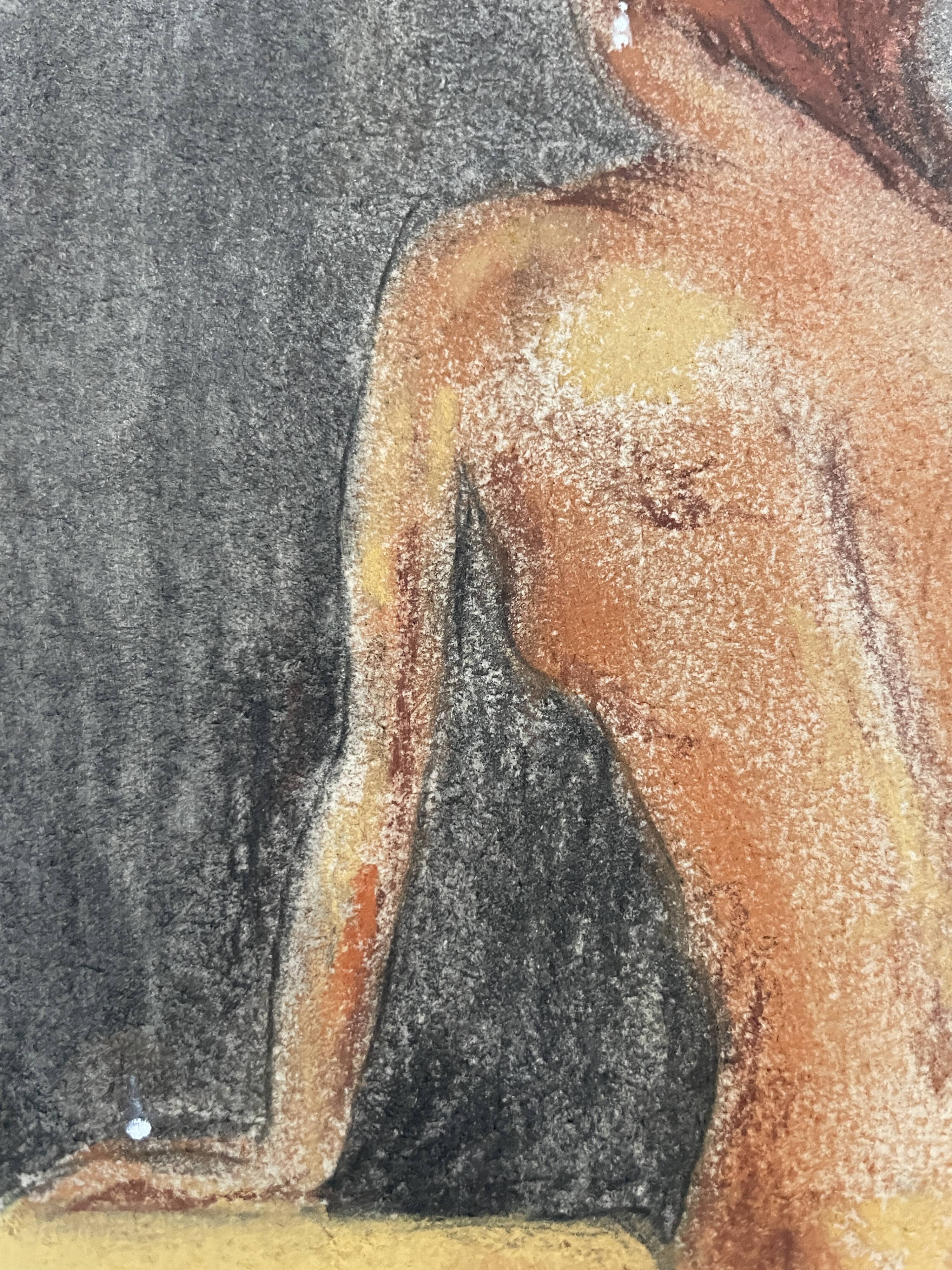 Painting signed pastel female portrait “the ocher sofa” 42x30 cm