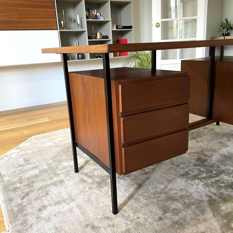 Vintage modernist desk in wood and black with 6 drawers