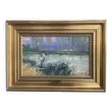 Oil painting on canvas signed Claude Laz 1996 fisherman