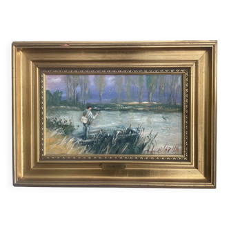 Tableau huile sur toile "Pêcheur", signé Claude Laz 1996