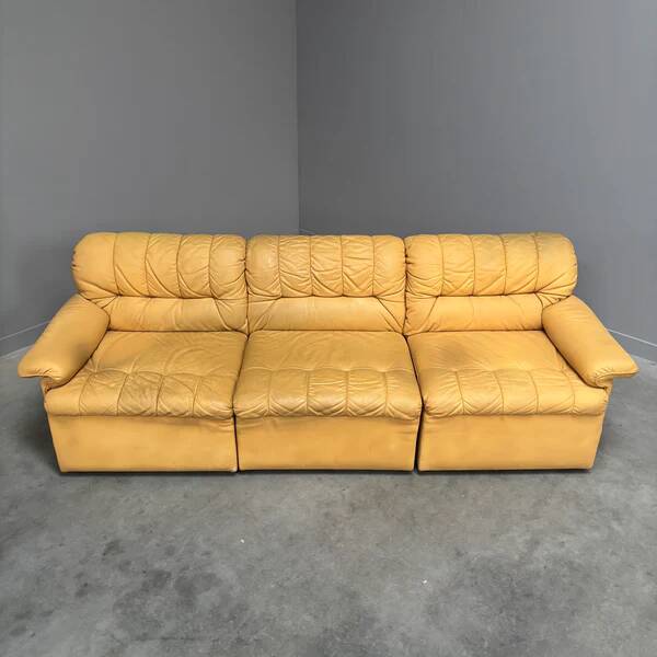 Yellow leather lounge sofa by Laauser, 1970s