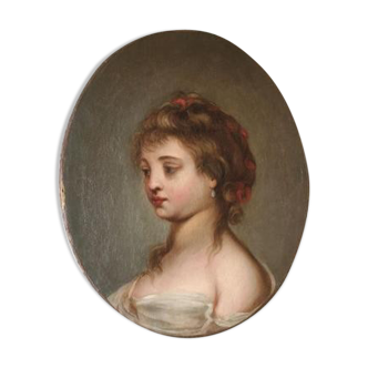 Peinture huile sur toile portrait de jeune fille fin 18ème