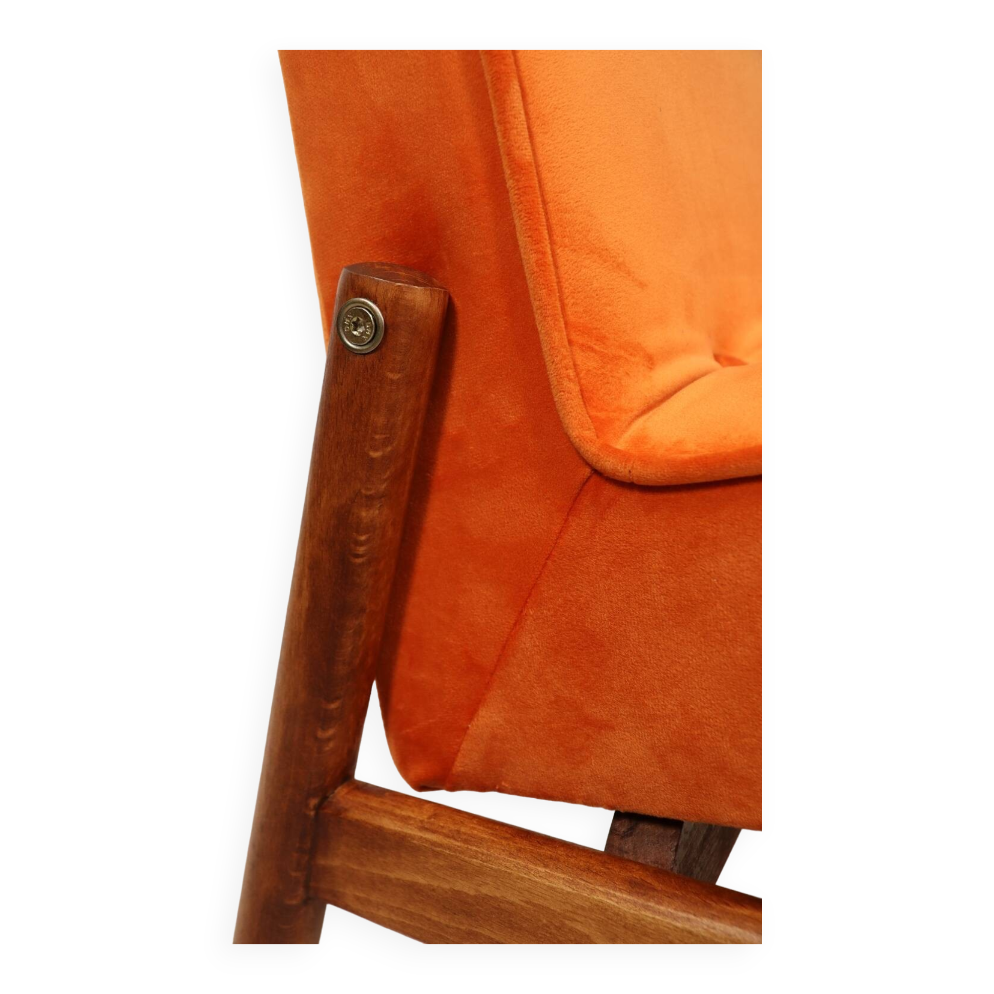 Papaya orange velvet mid century modern 1970s renovated armchair