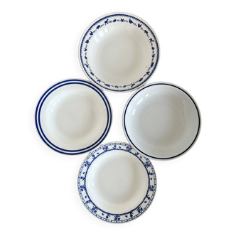 4 assiettes creuses vintage dépareillées porcelaine bleur blanche lot P