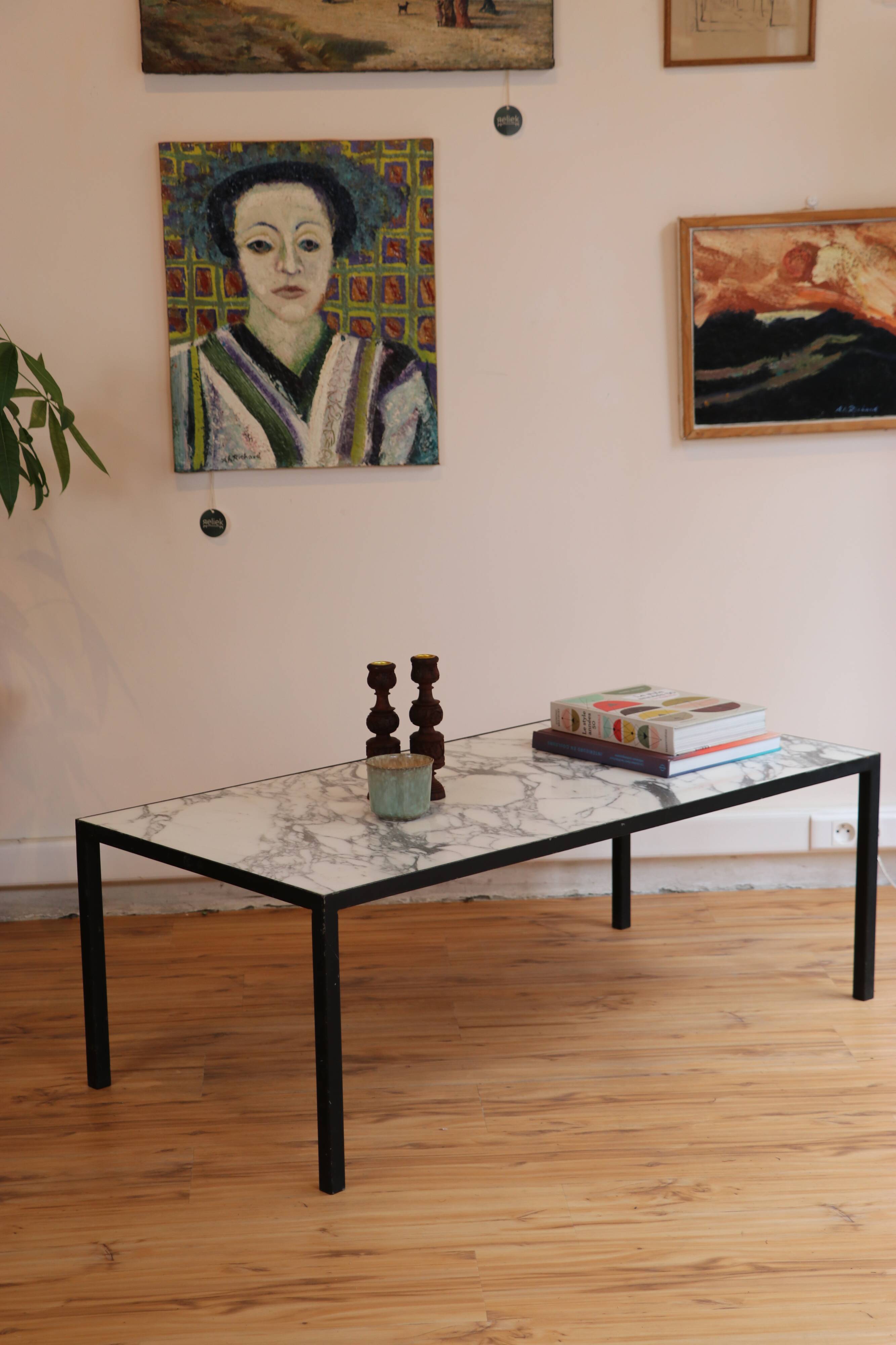 Rectangular coffee table in black lacquered metal and Arabescato marble
