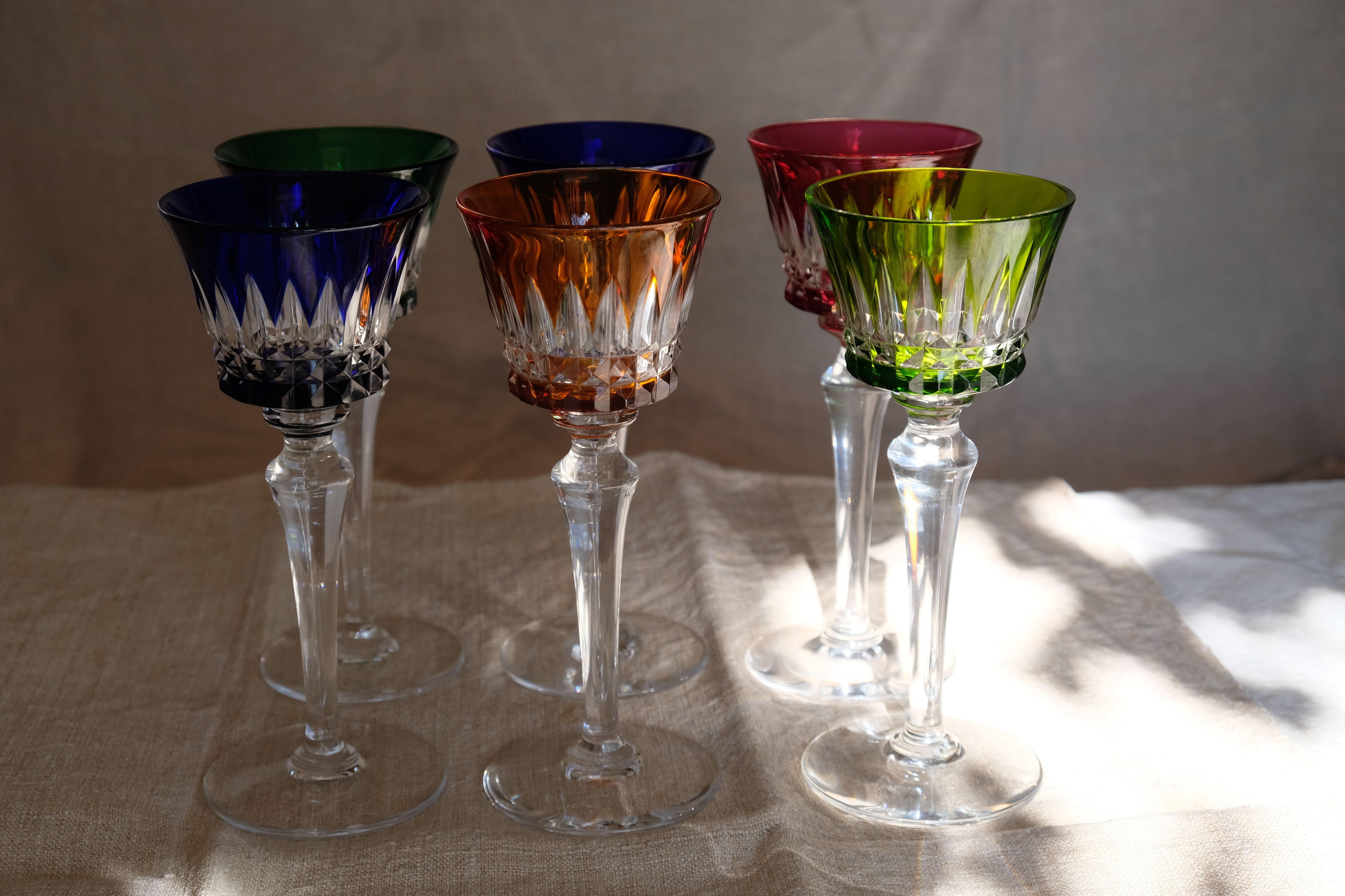 6 Baccarat glasses Piccadilly Model in colored crystal