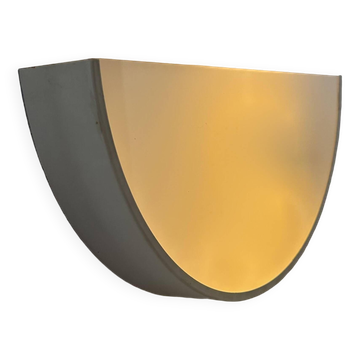 Vintage half-circle wall lamp, white lacquered metal and opaline glass, France 1970