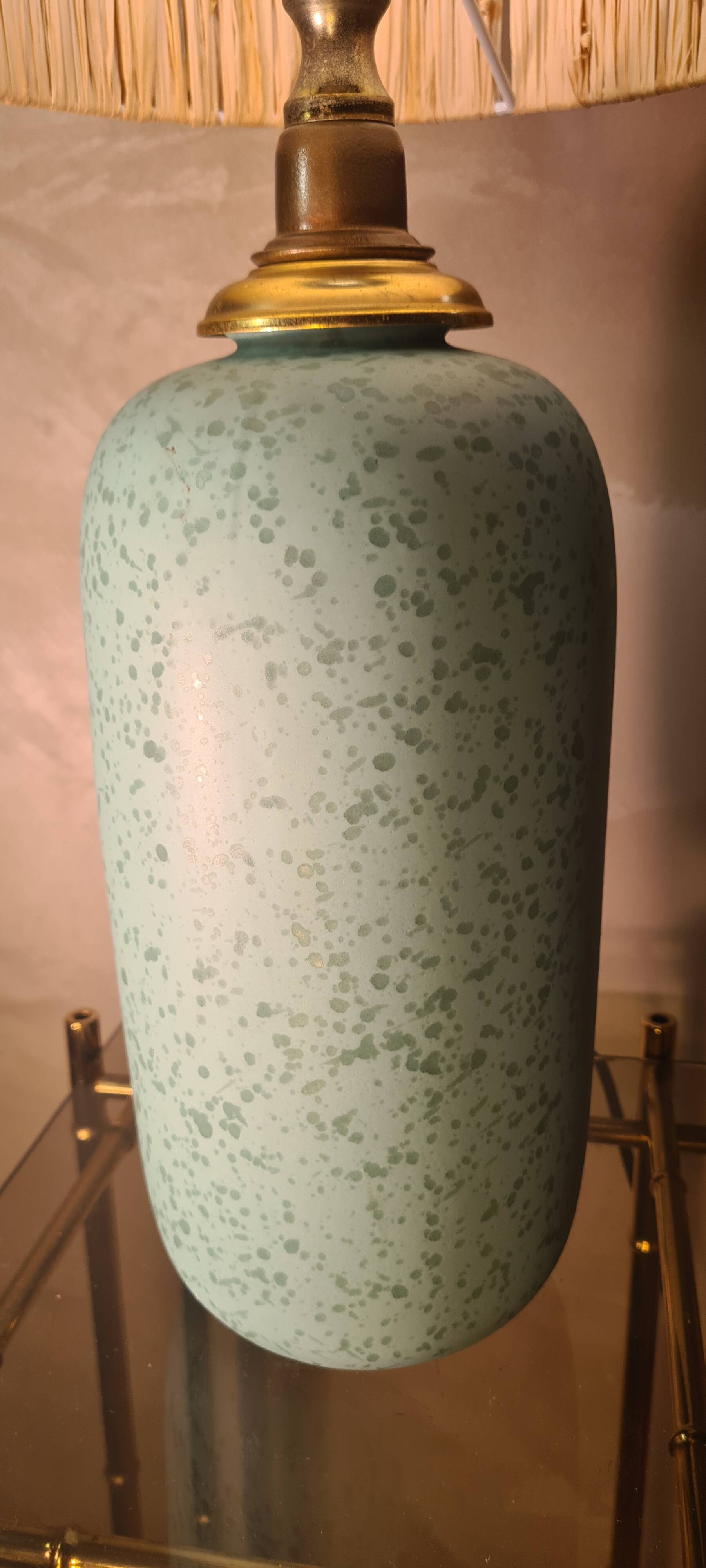 70s style lamp blue green ceramic 40x13 and raffia lampshade H total 57x23 elec ok