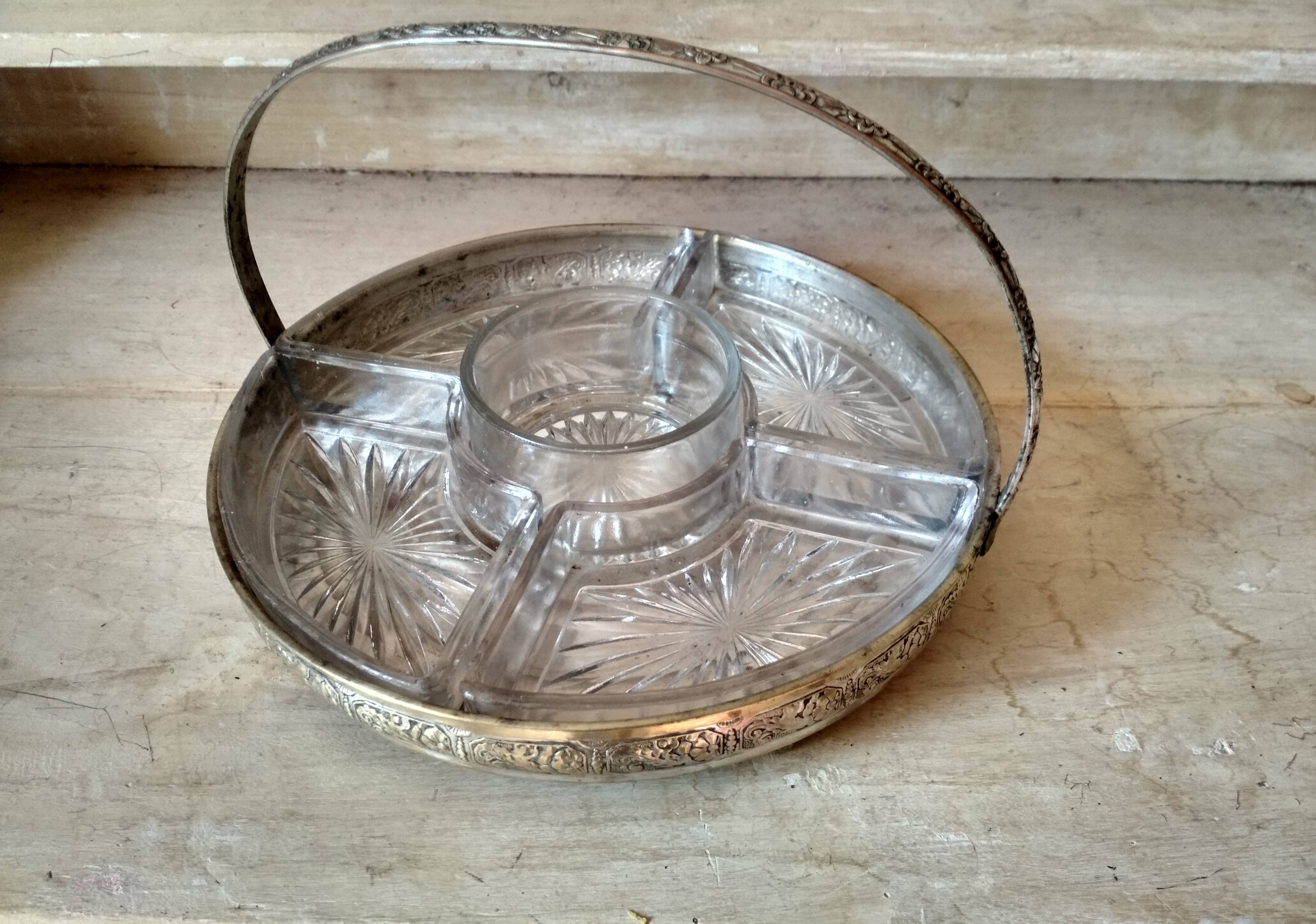 Appetizer tray, servant silver metal and its 5 ramekins 1930s cut glass