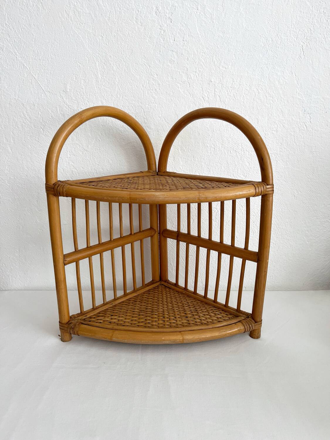 Vintage bamboo and rattan corner shelf
