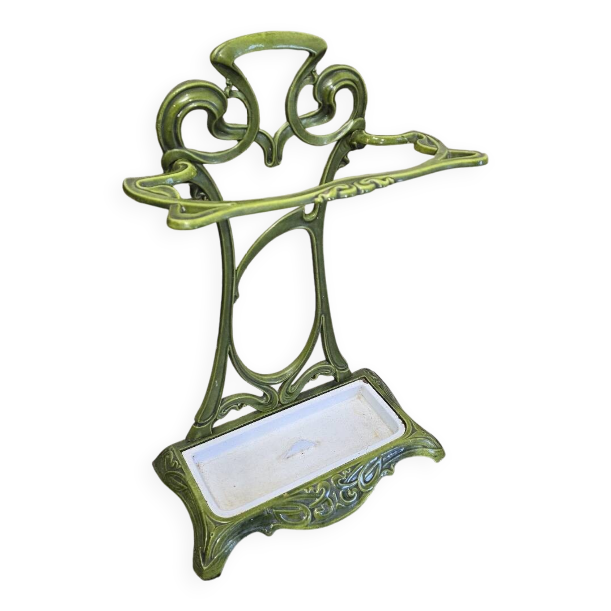 Art Nouveau umbrella stand in green enamelled cast iron