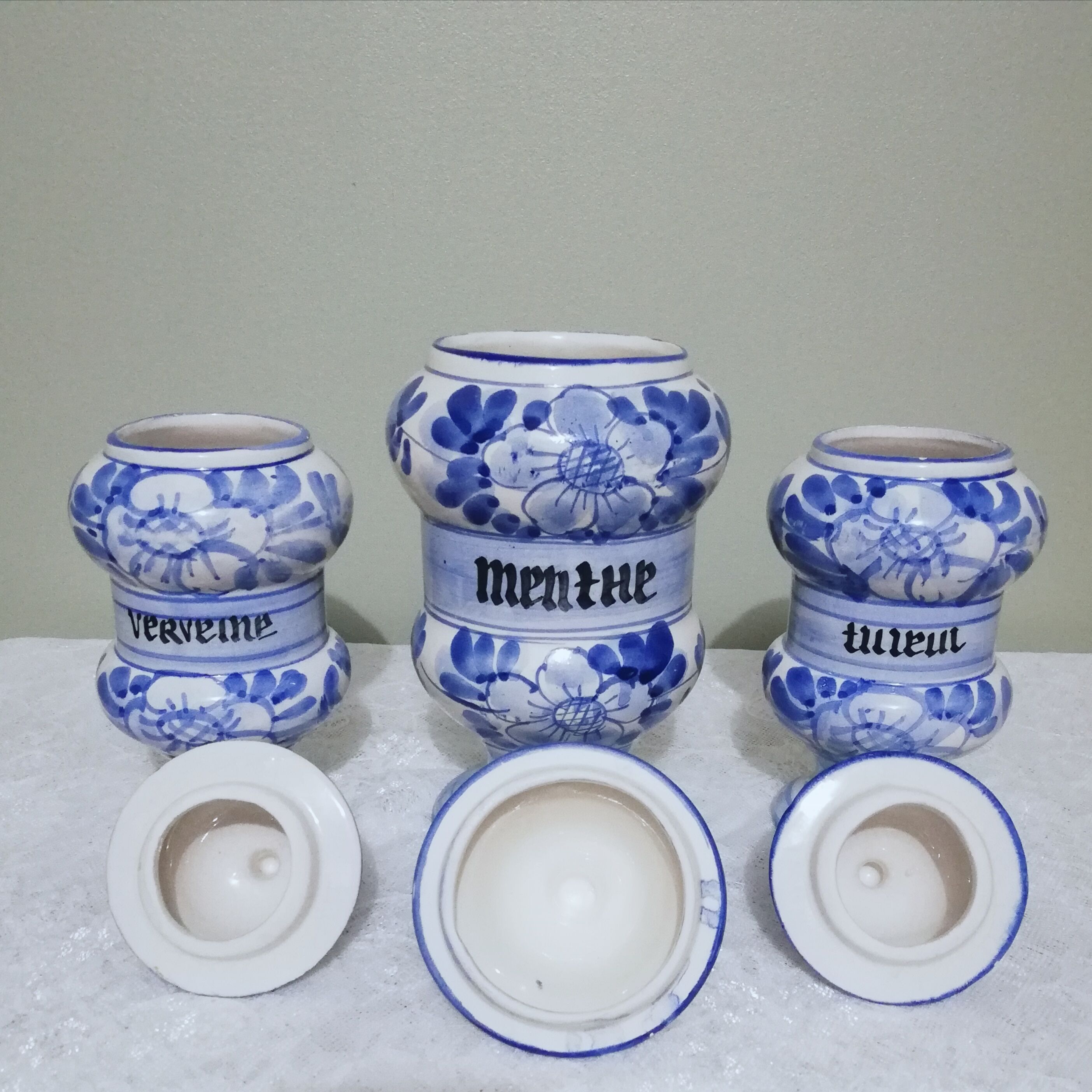 3 Delft style earthenware spice jars or apothecary pots