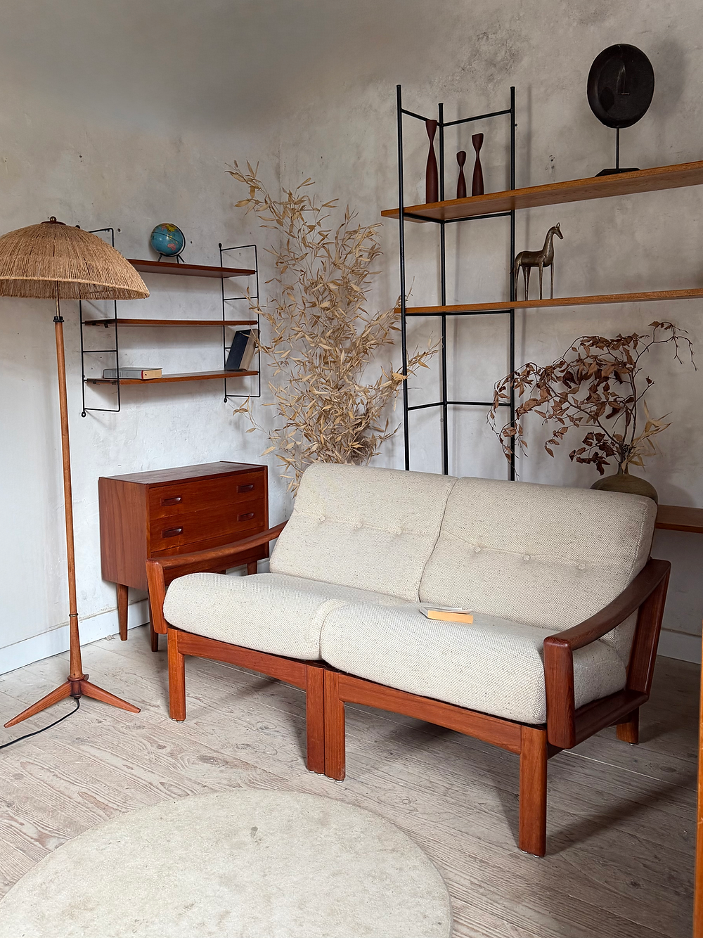 Scandinavian tripod reading lamp in teak and brass.