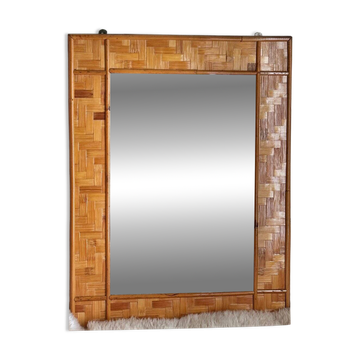 Miroir italien en rotin tressé et bambou cousu, années 70
