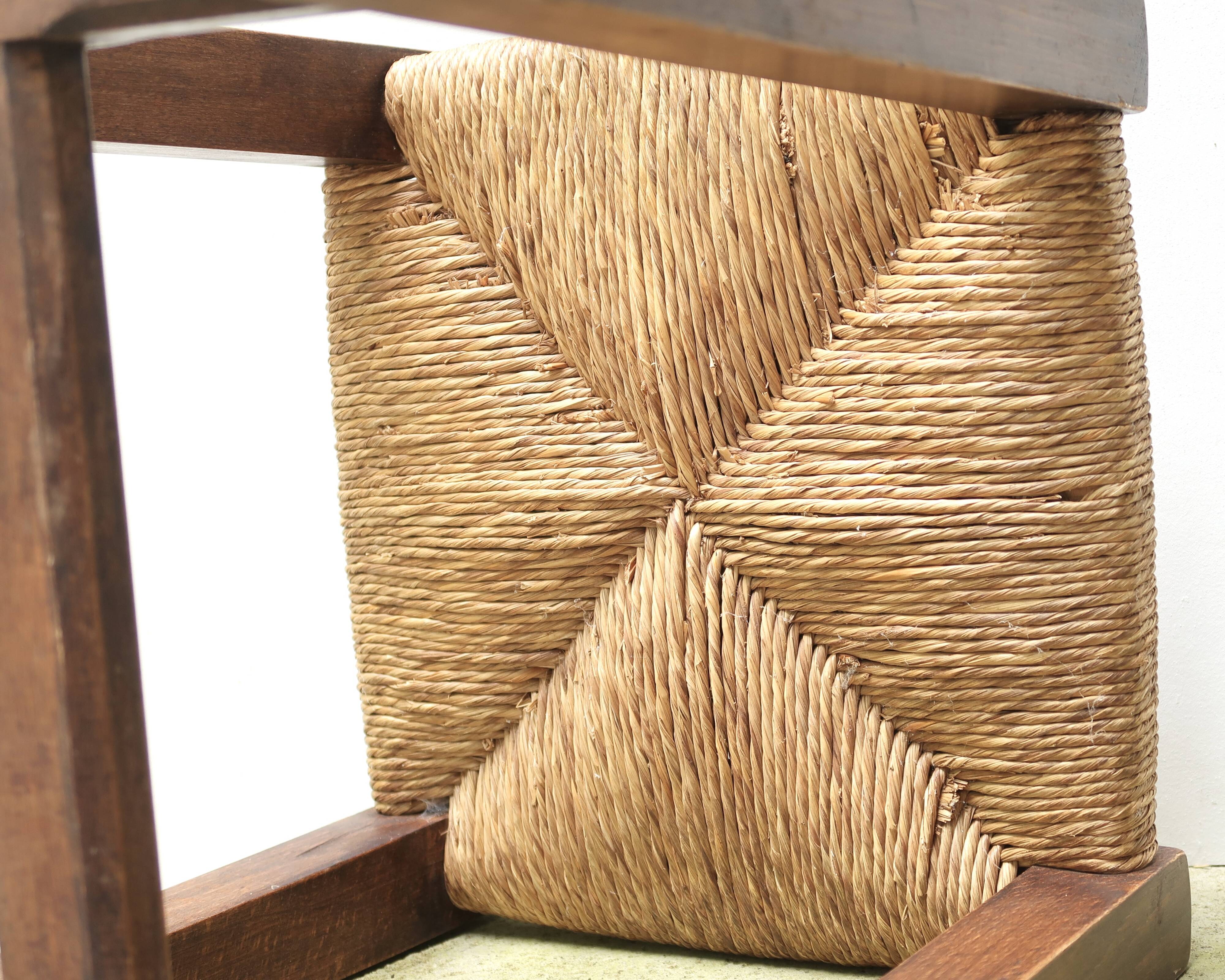 Wooden stool with straw seat, 1970s