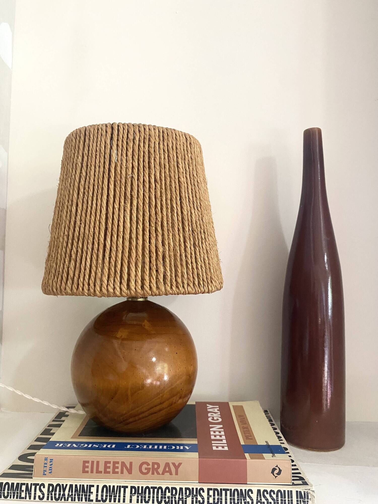 Wooden lamp, new braided fabric cable, cord lampshade, 1960s.