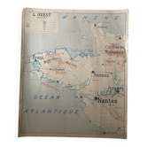 Vintage school map 1950 double-sided "Brittany and Normandy"