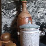 Duo of potter's pots covered in vintage glazed stoneware