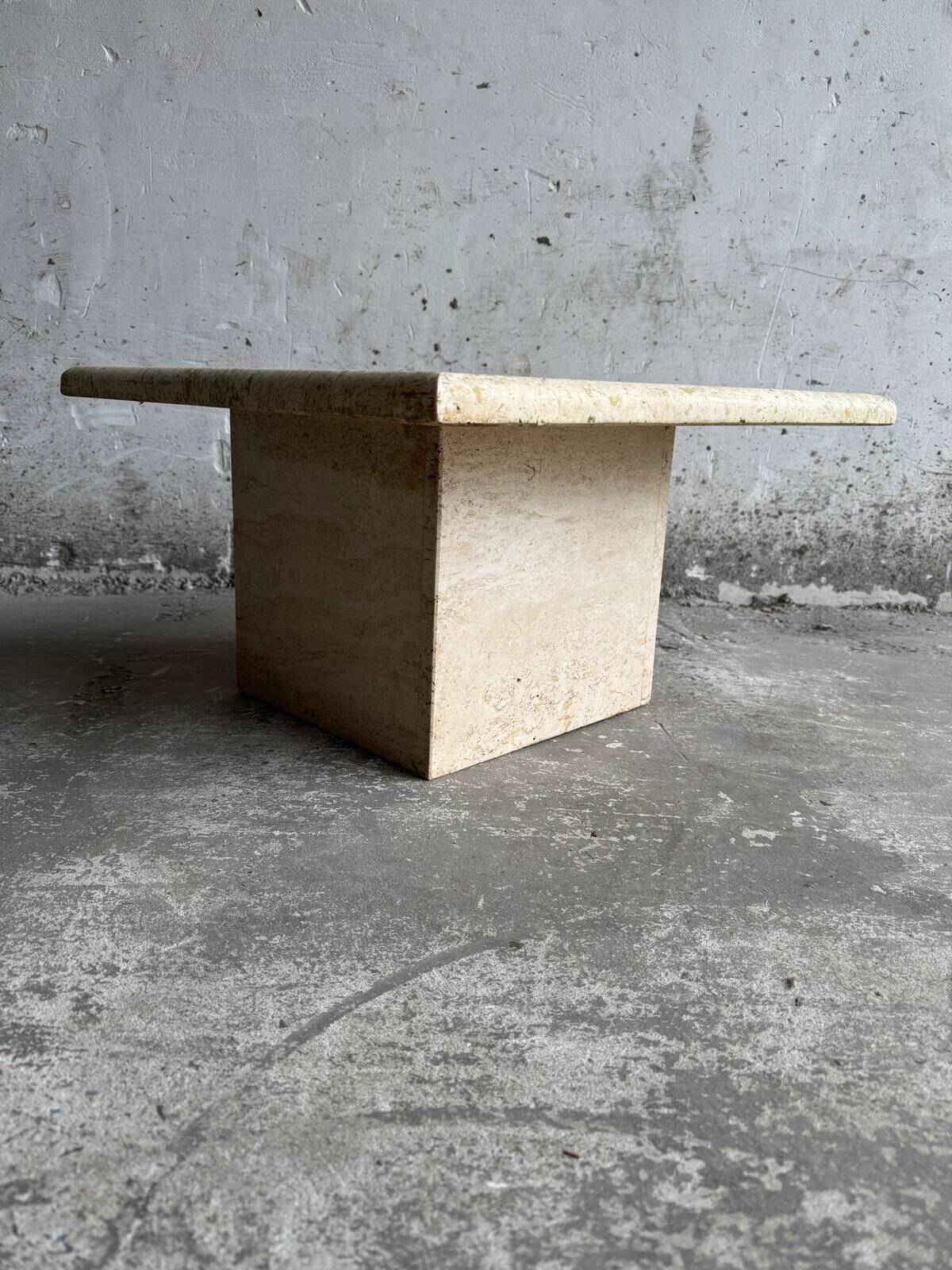 Natural beige travertine coffee table from the 1970s — minimalist Italian design, solid square top