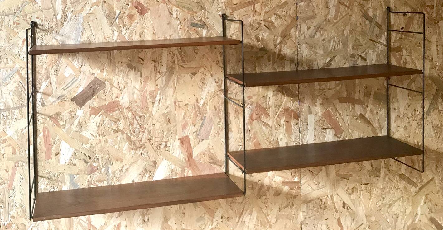 Vintage string wall shelf with 3 supports