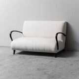 Set divano e poltrona in tessuto bianco legno anni ’70 modernariato