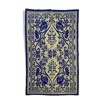 Romanian floral rug handwoven in wool, purple and yellow background