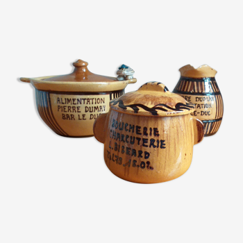 Set of 3 advertising pots in glazed terracotta