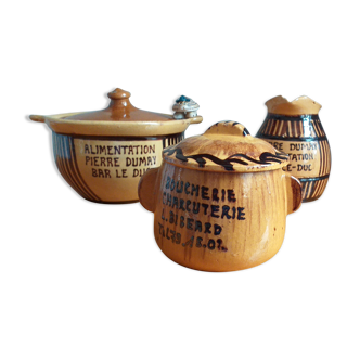 Set of 3 advertising pots in glazed terracotta