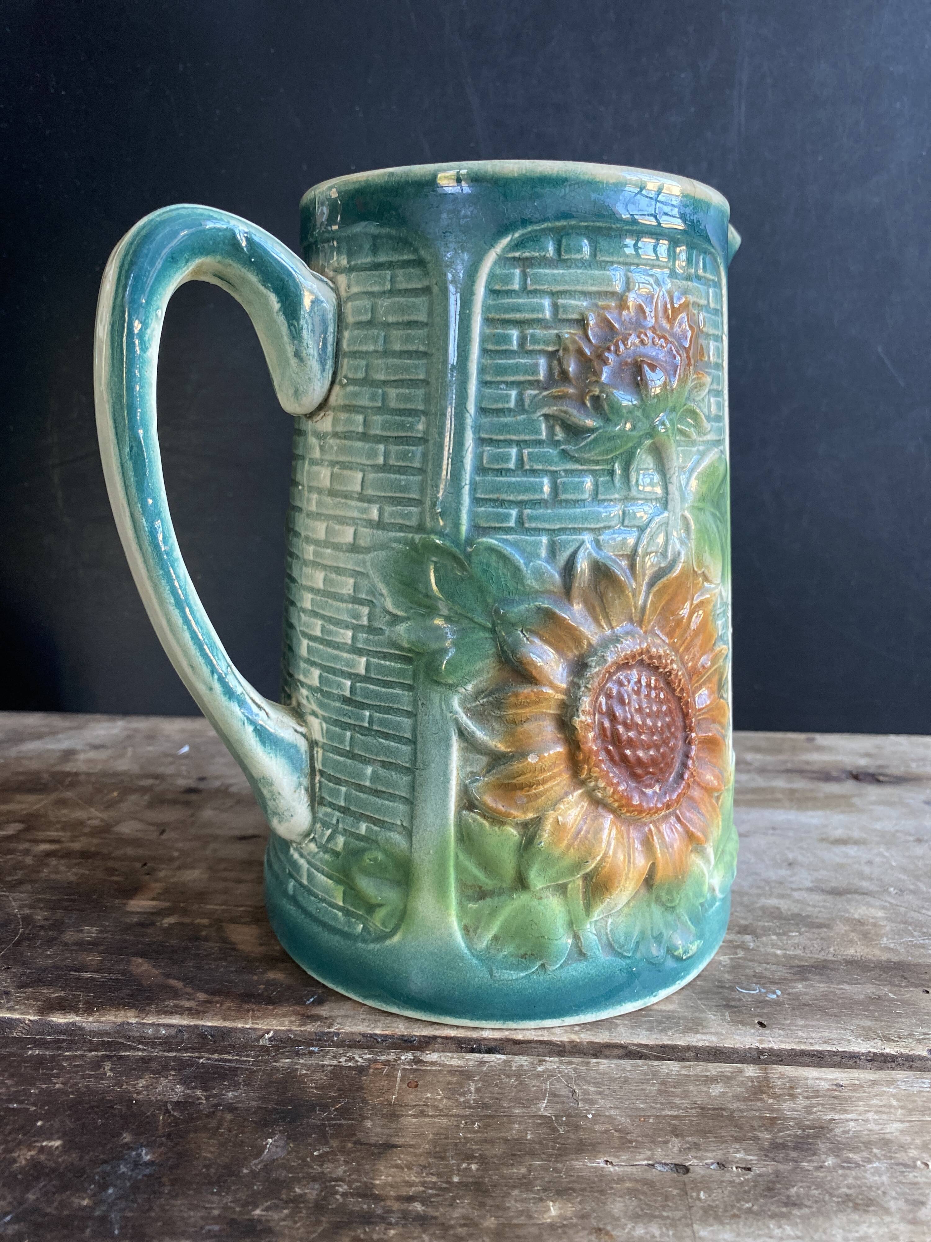 Vintage barbotine pitcher Onnaing Marguerite Sunflowers
