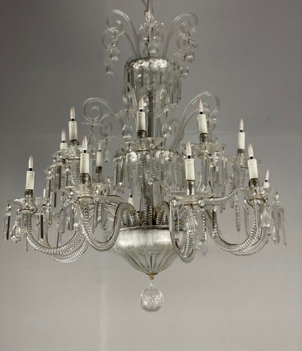 Transparent blown and pinched glass chandelier trimmed with crystals, austria circa 1920