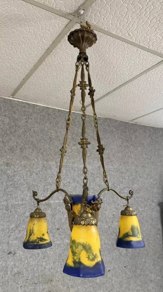After Muller by Lafite: Art Nouveau bronze and glass paste chandelier