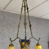 After Muller by Lafite: Art Nouveau bronze and glass paste chandelier
