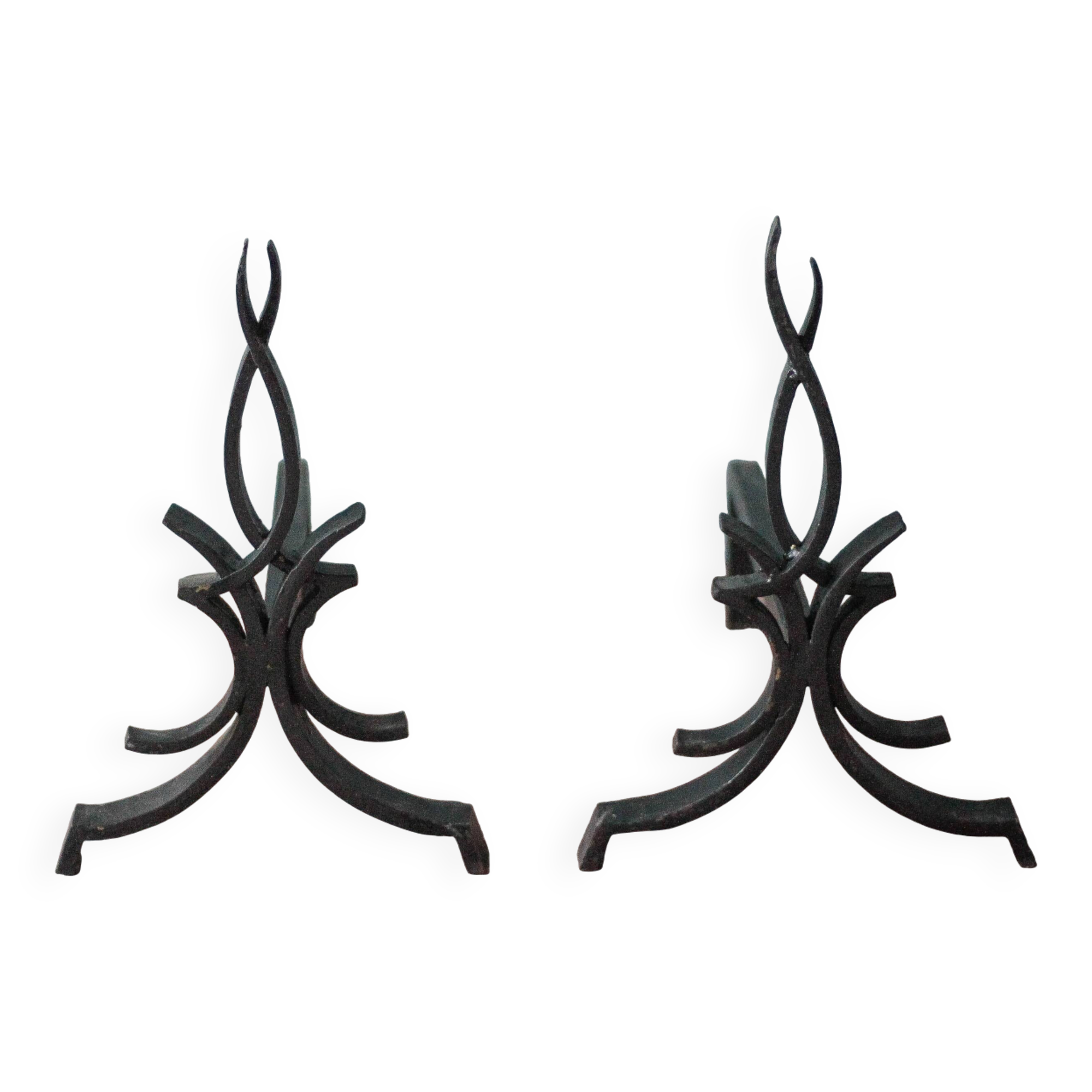 Fireplace andirons by Raymond Subes, flame model, brutalist andirons.