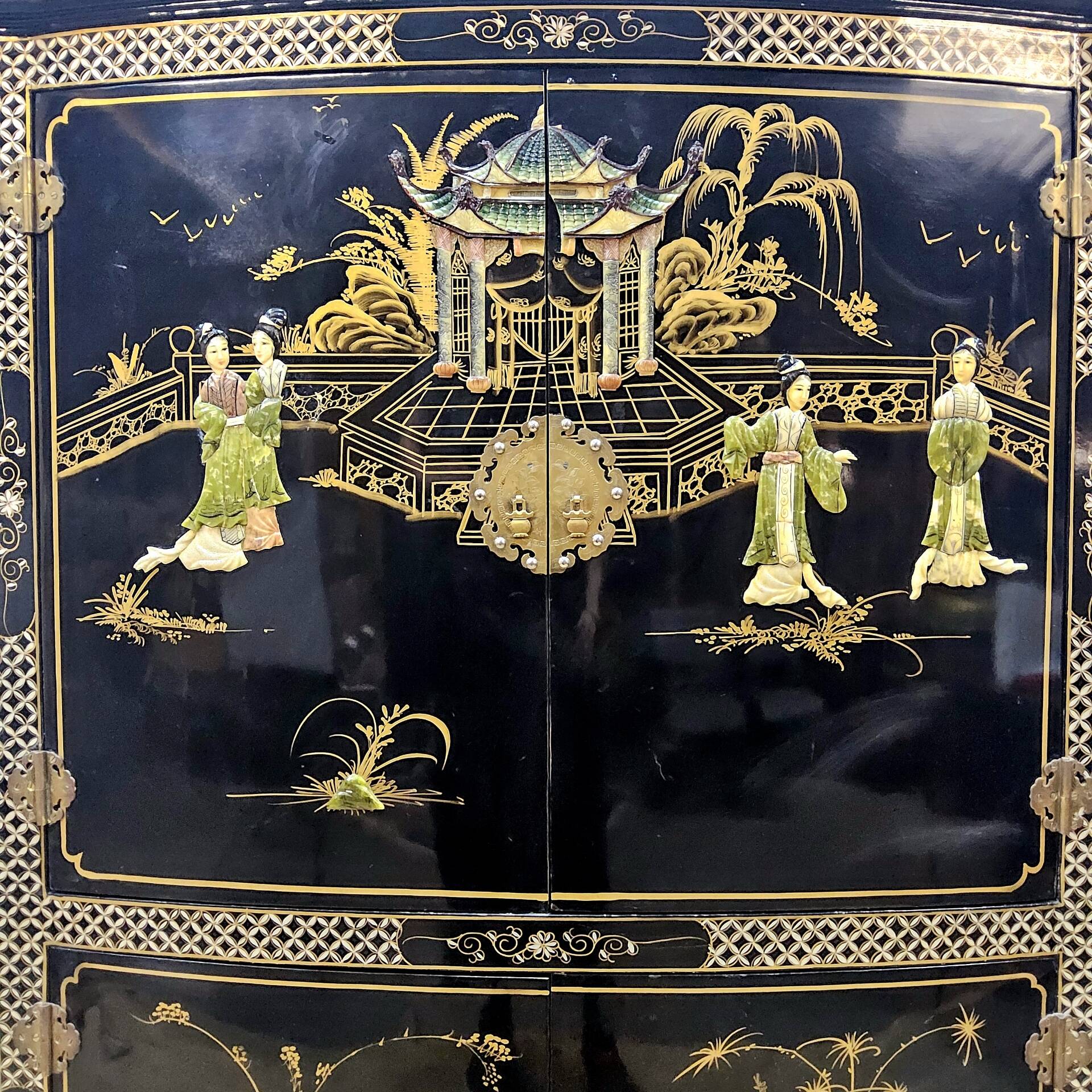 Vintage Chinese black lacquer cabinet soapstone, mother-of-pearl bohemia