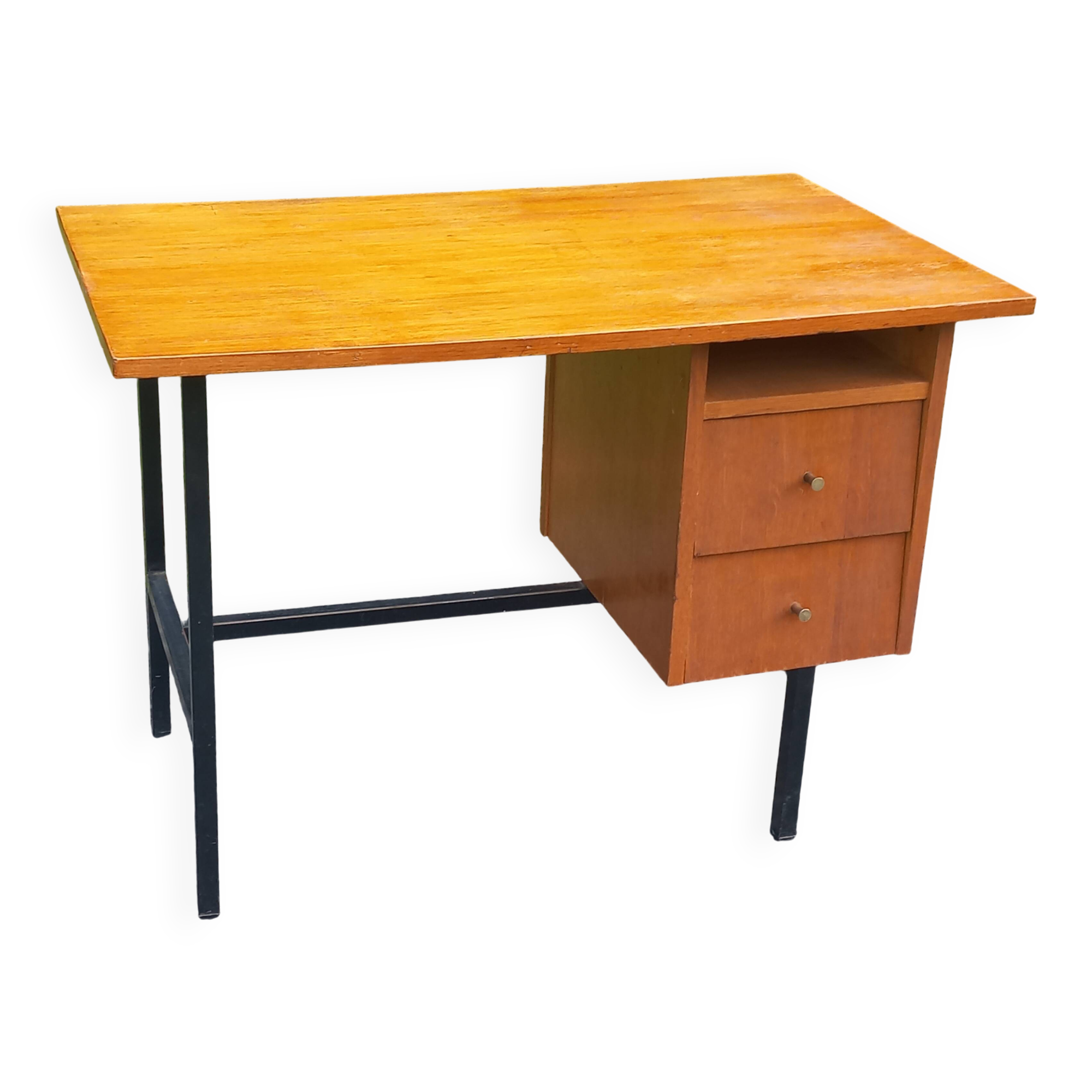 Vintage oak desk with a metallic base from the 1960s.
