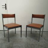 Pair of vintage chrome metal & brown imitation leather chairs (70s)