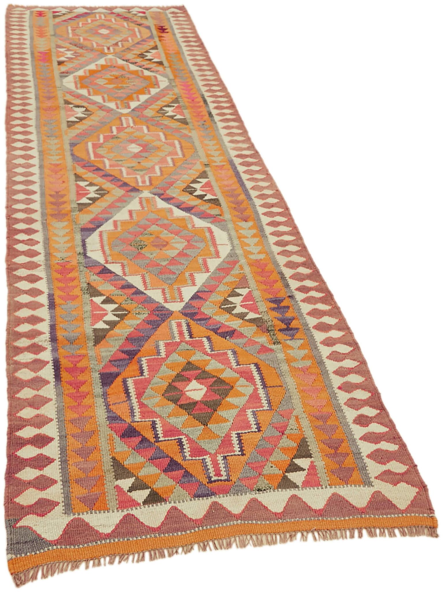 Turkish Handwoven Vintage Herki Kilim 107 cm x 342 cm