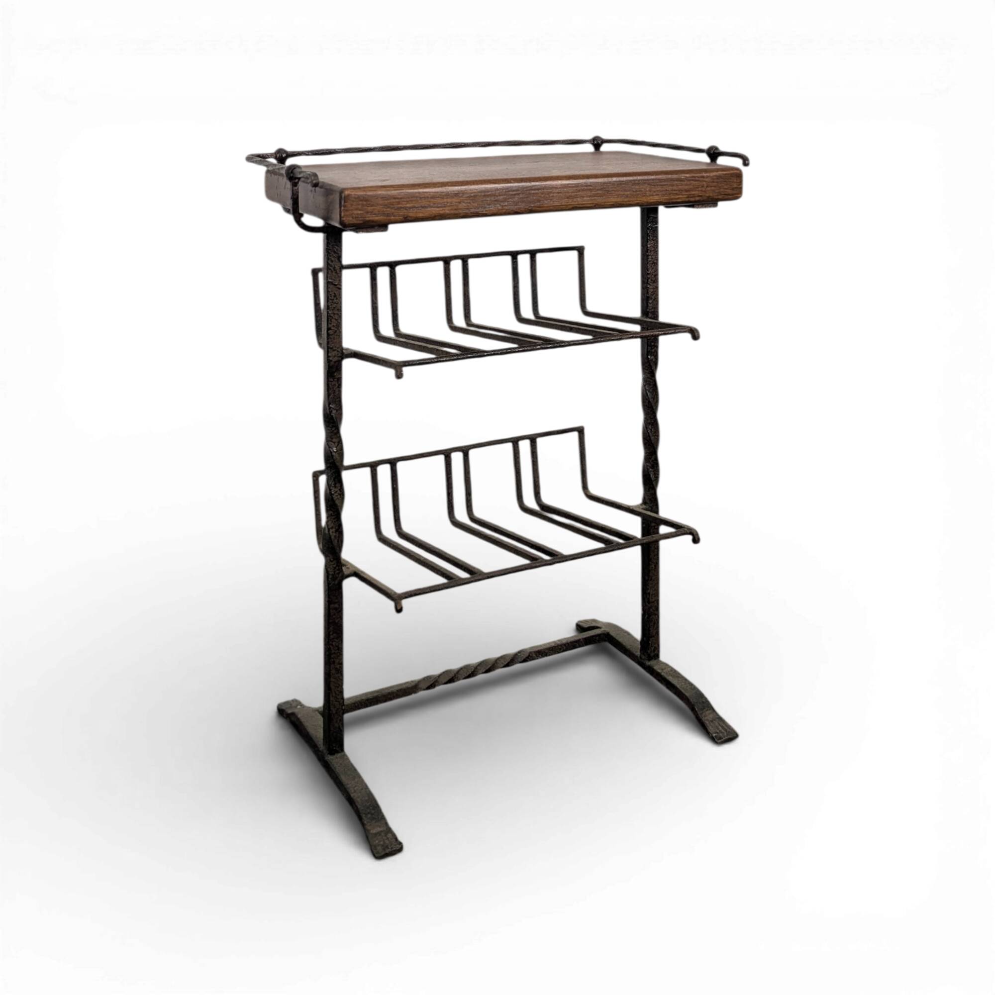 Brutalist magazine rack in wrought iron and oak