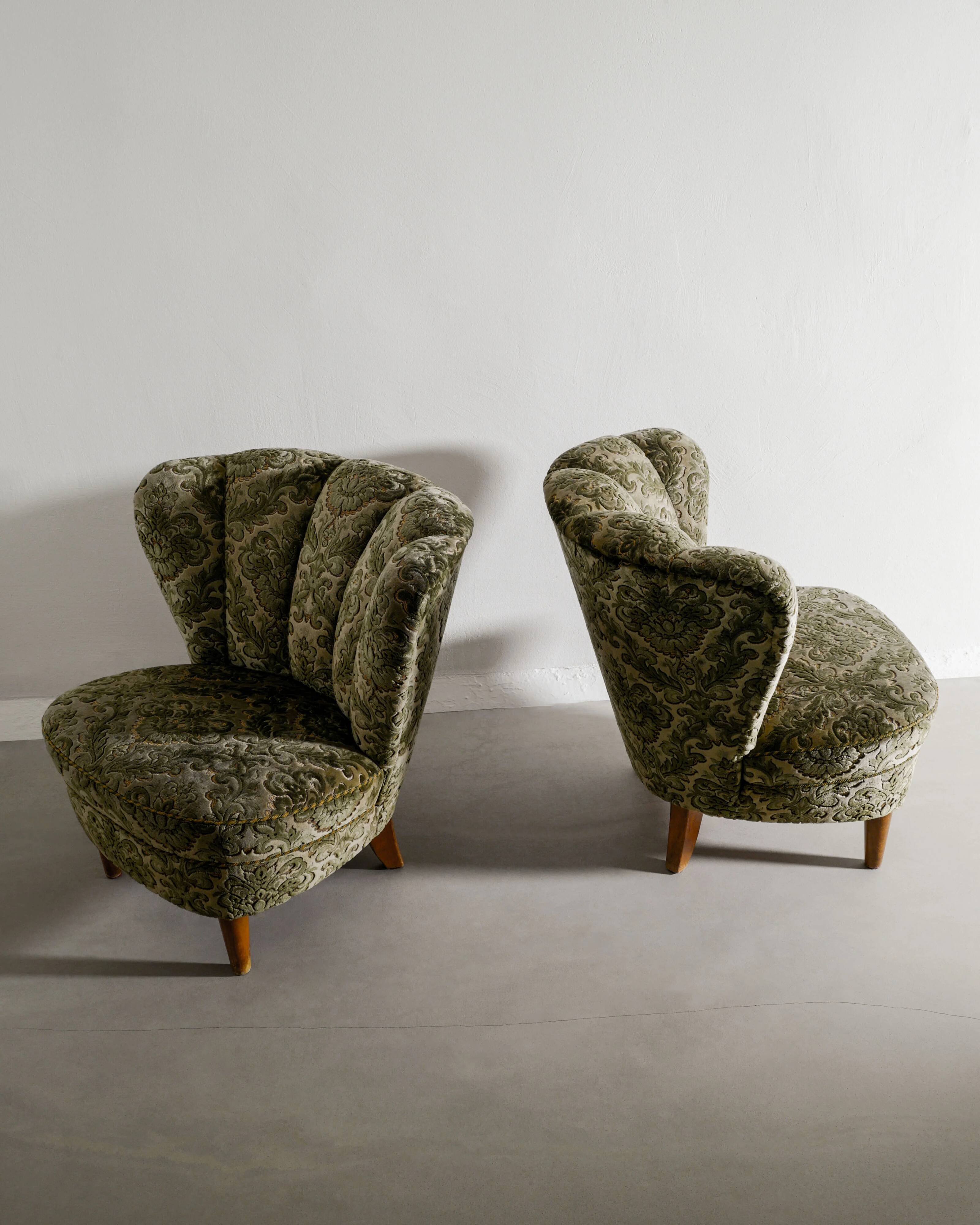 Vintage Swedish Modern Green Floweral Armchairs, 1940s