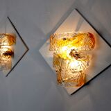 Pair of murano mazzega wall lamps, orange murano blown glass, italy, 1960