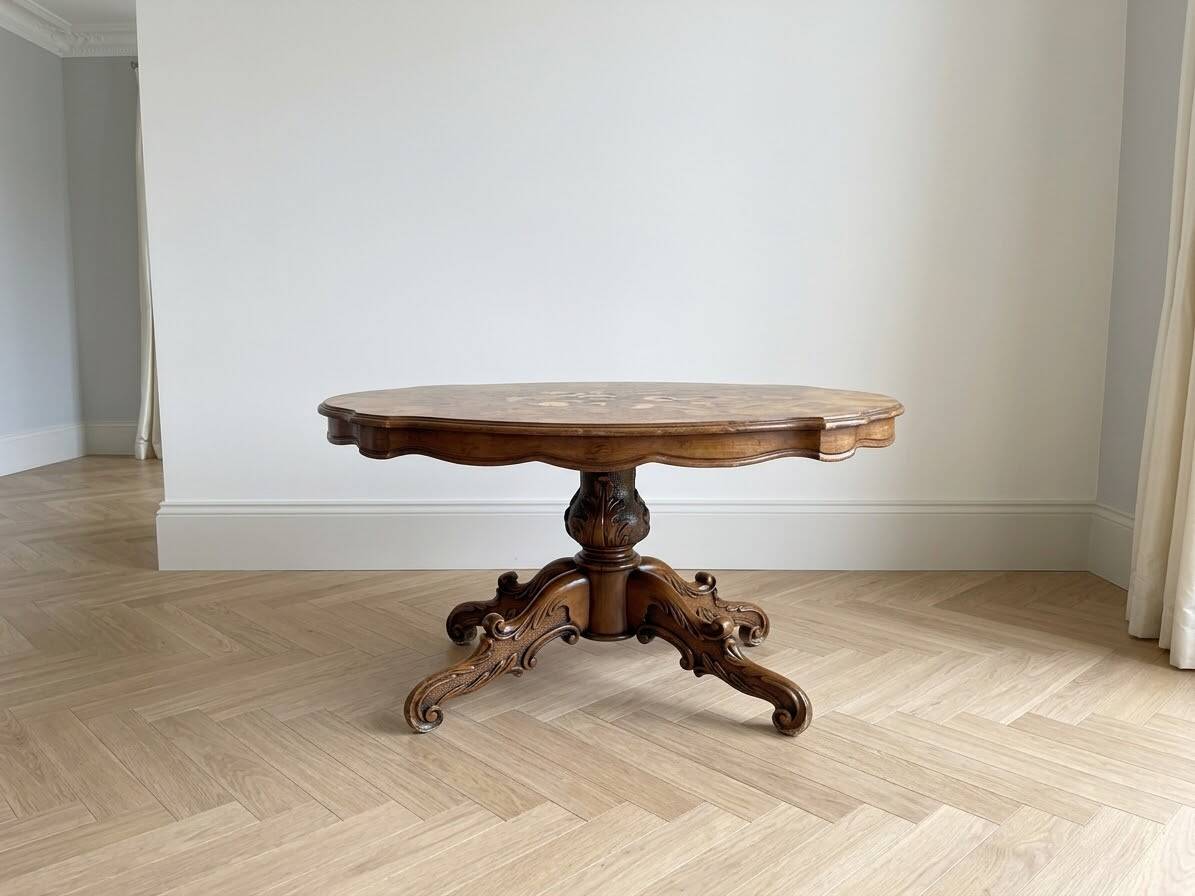 Oval coffee table in walnut burl wood.