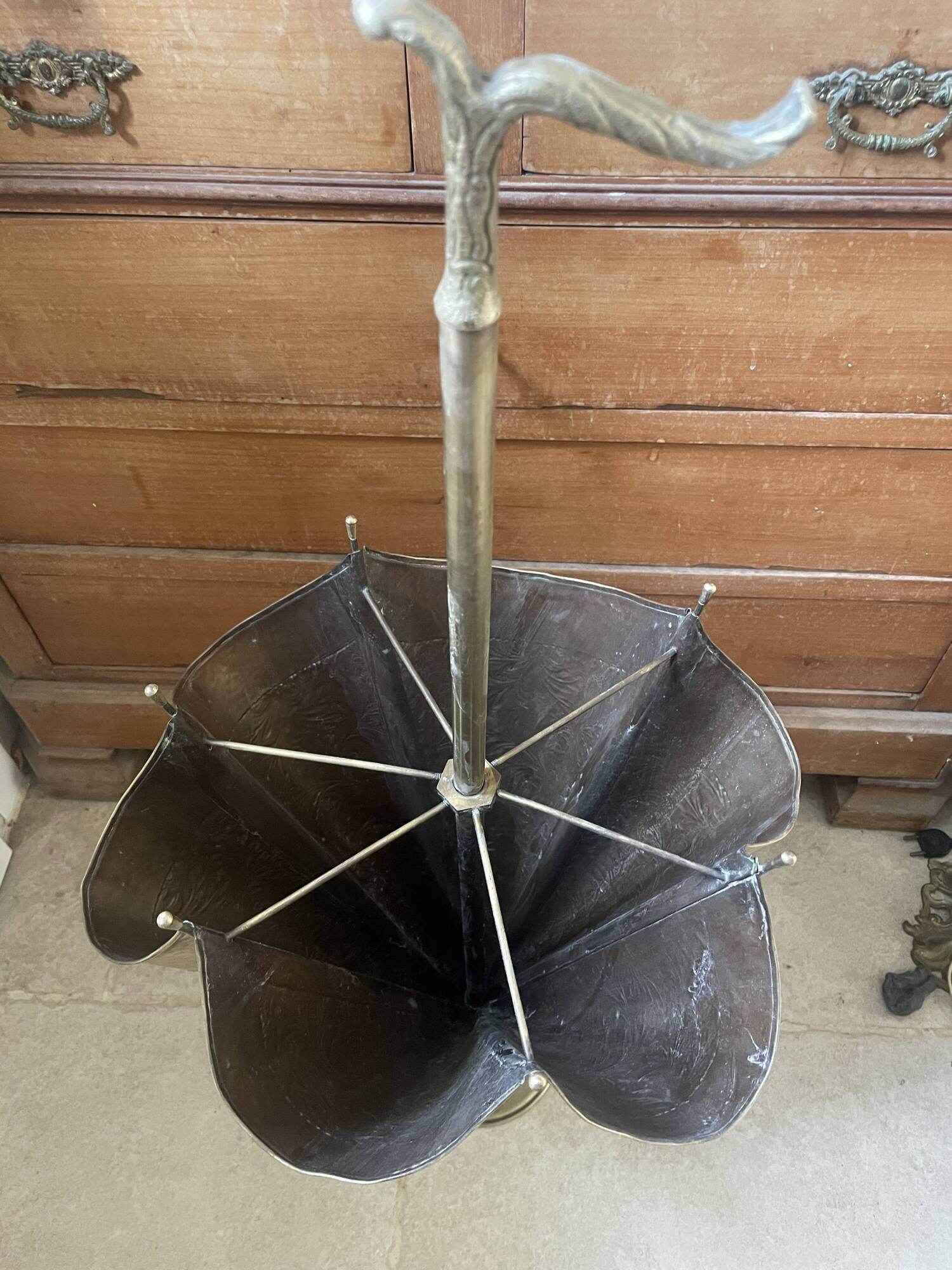 Antique repoussé brass umbrella stand