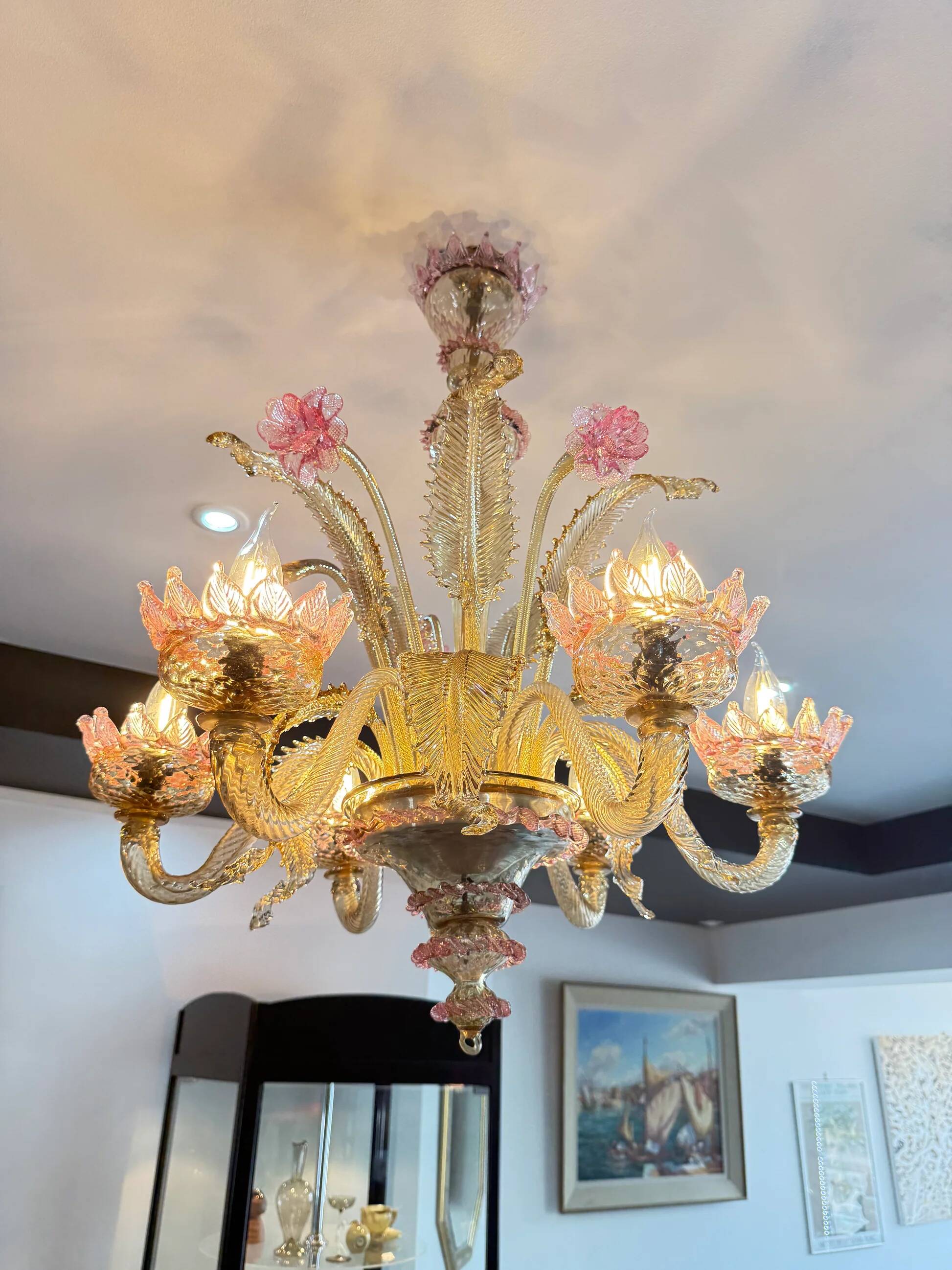 Venetian glass chandelier with pink and gold floral decoration – 6 lights
