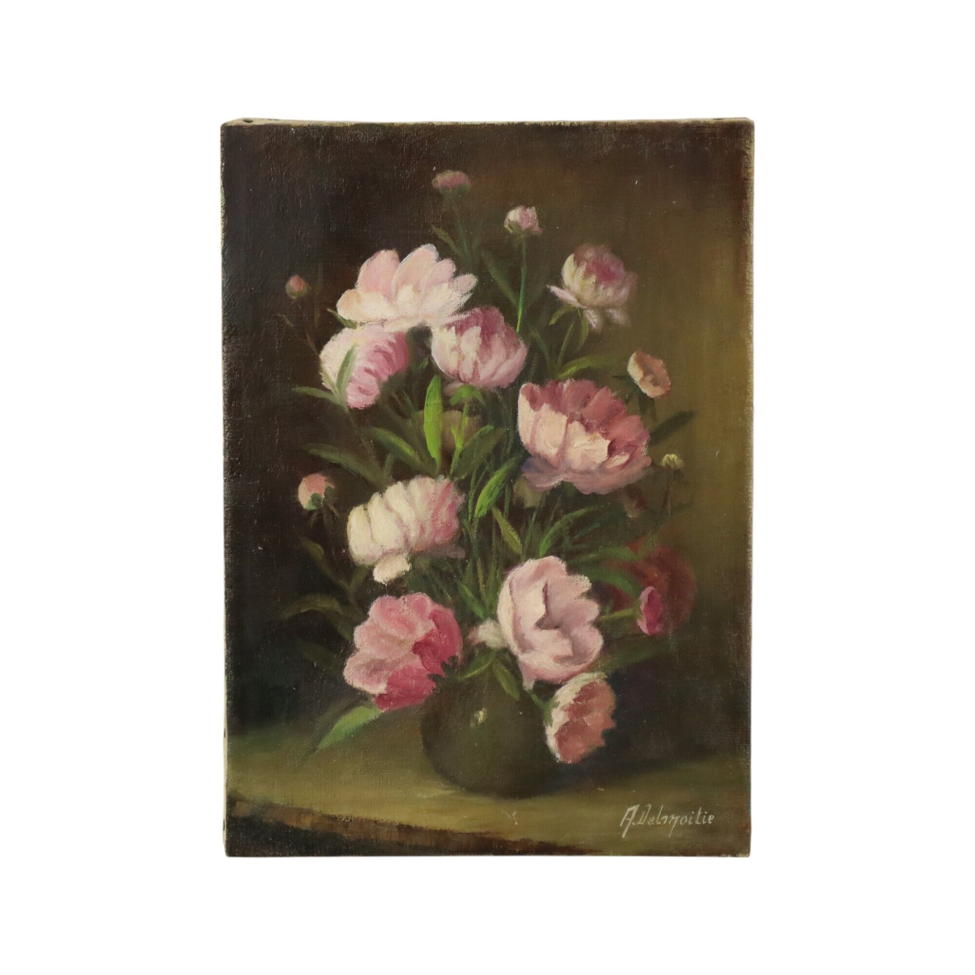 Pink Flowers Still Life Colorful Painting Signed 35x25cm