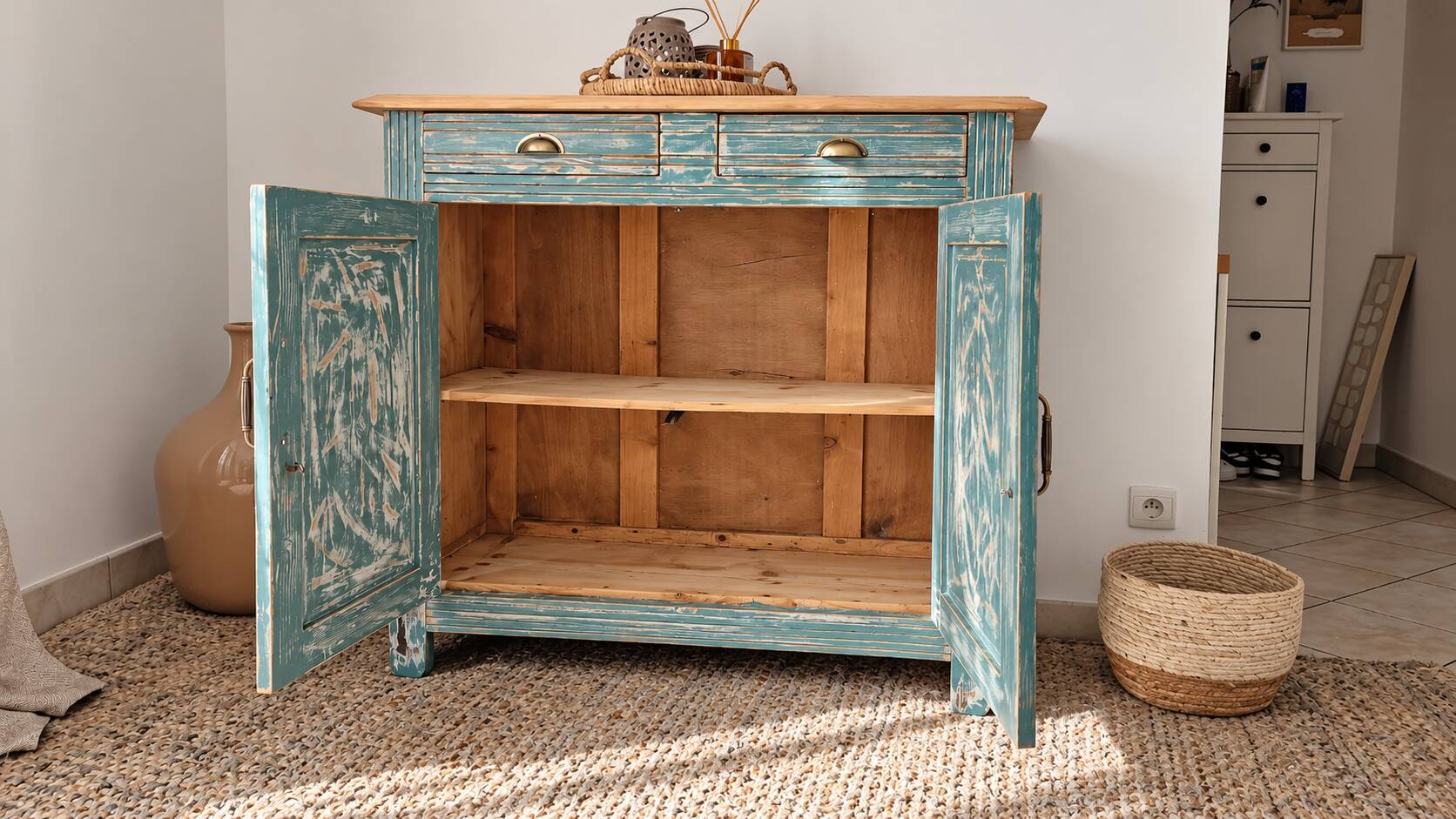 Antique blue-green patinated wooden sideboard – 2 doors, 2 drawers